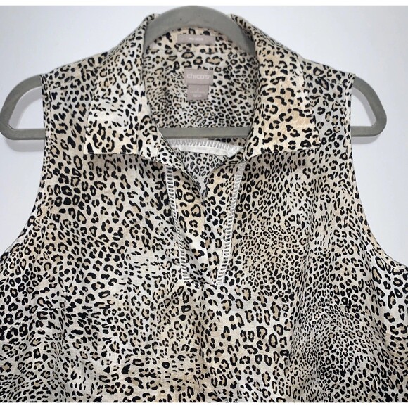 Chico's Blouse Shirt Women's Sz 2 100% Linen Animal Print Sleeveless Tunic - Picture 2 of 9